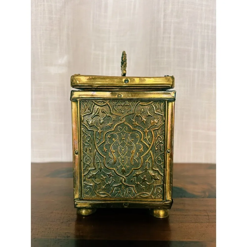 Antique Embossed Brass HMS Victory Maritime Tea Caddy / Tobacco Box